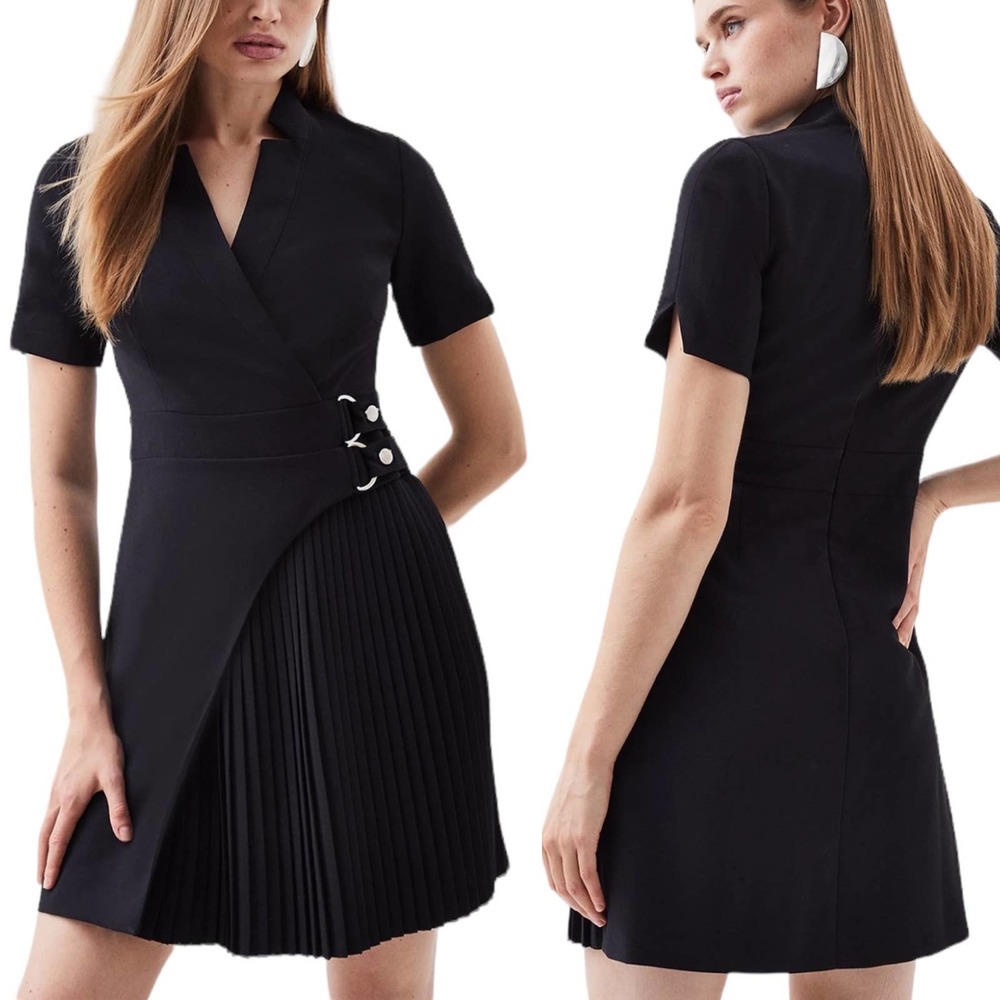 Karen Millen NWT Tailored Pleated Notch Neck Wrap Black Formal Mini Dress 12